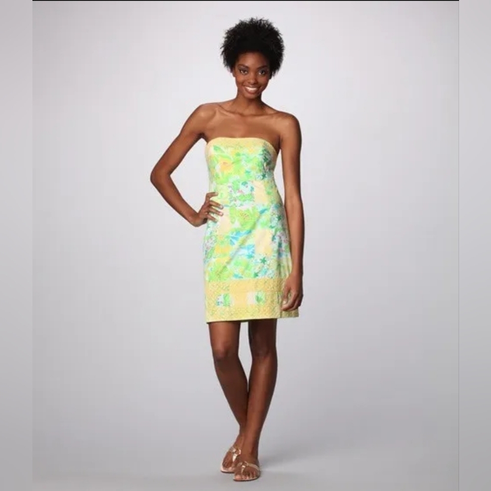 Lilly Pulitzer Bowen Gator Patch Print Cotton Poplin Lace Trim Strapless Dress